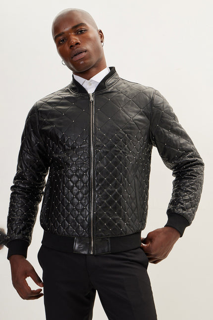 Men's Quilted Calfskin Leather Bomber Jacket - Black | Ron Tomson