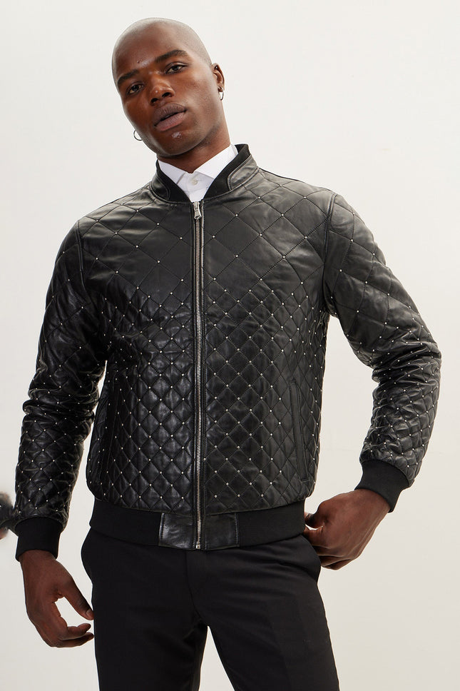 Men's Quilted Calfskin Leather Bomber Jacket - Black | Ron Tomson