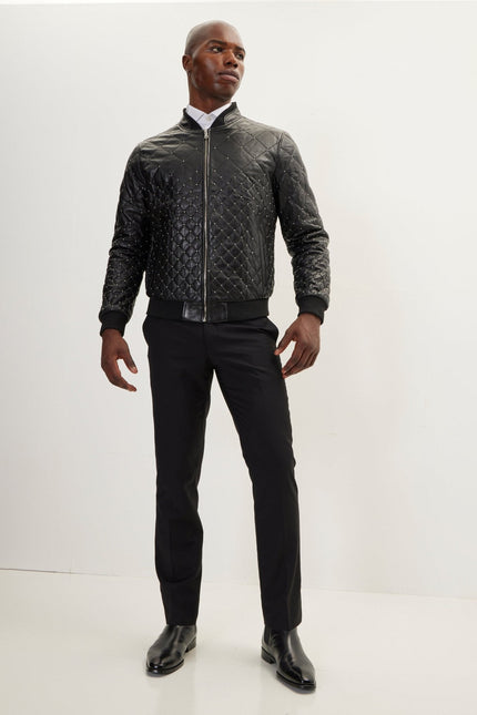 Men's Quilted Calfskin Leather Bomber Jacket - Black | Ron Tomson