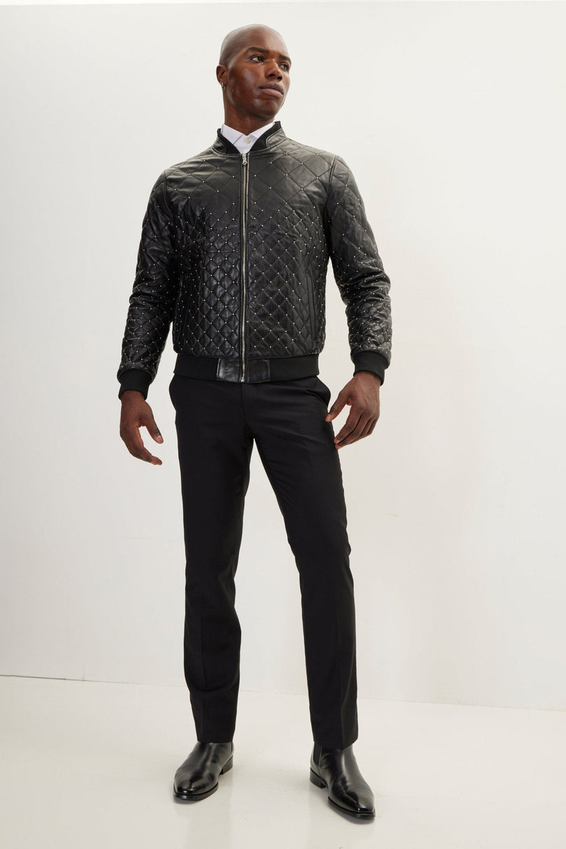 Men's Quilted Calfskin Leather Bomber Jacket - Black | Ron Tomson
