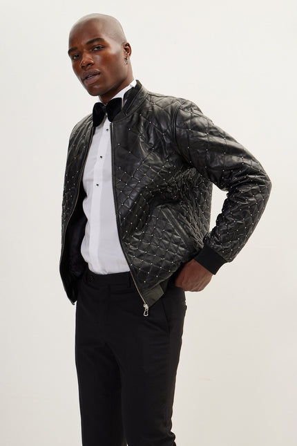 Men's Quilted Calfskin Leather Bomber Jacket - Black | Ron Tomson
