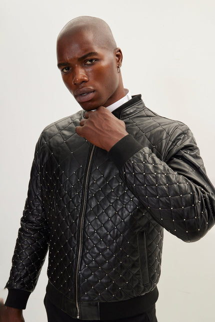 Men's Quilted Calfskin Leather Bomber Jacket - Black | Ron Tomson