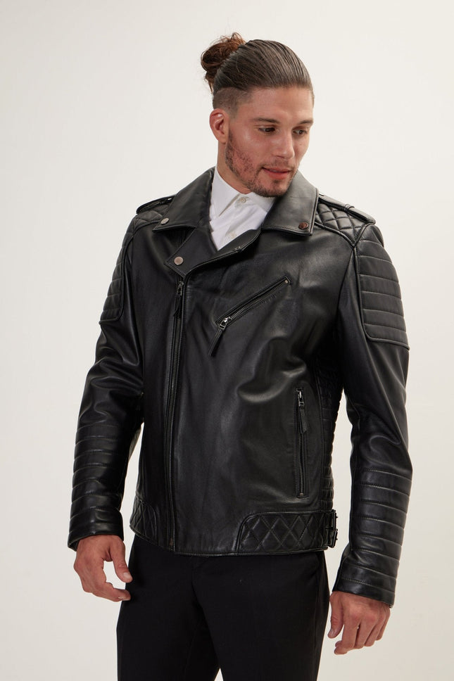 Men's Falcon Quilted Leather Moto Jacket - Black | Ron Tomson