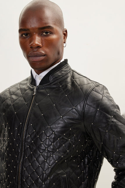 Men's Quilted Calfskin Leather Bomber Jacket - Black | Ron Tomson