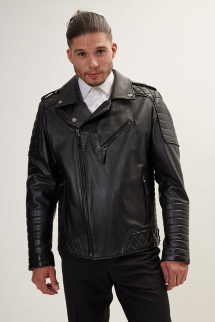 Men's Falcon Quilted Leather Moto Jacket - Black | Ron Tomson