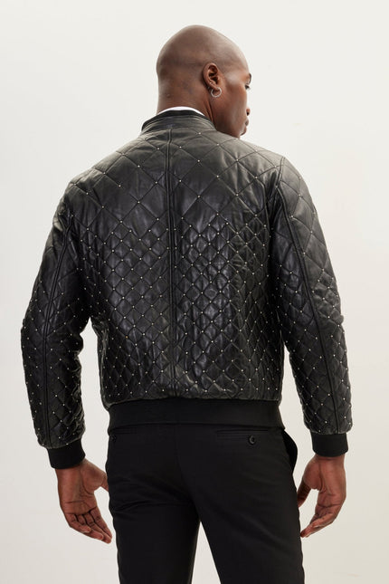 Men's Quilted Calfskin Leather Bomber Jacket - Black | Ron Tomson