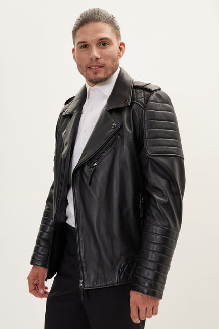 Men's Falcon Quilted Leather Moto Jacket - Black | Ron Tomson
