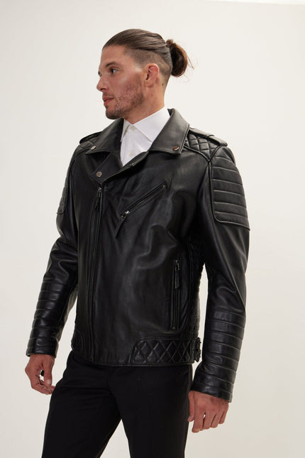 Men's Falcon Quilted Leather Moto Jacket - Black | Ron Tomson