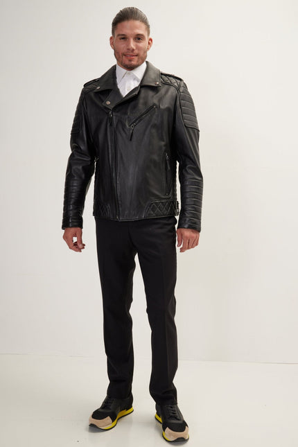 Men's Falcon Quilted Leather Moto Jacket - Black | Ron Tomson