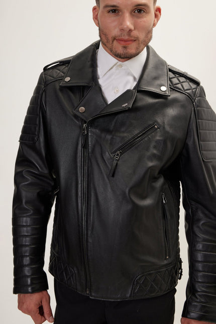 Men's Falcon Quilted Leather Moto Jacket - Black | Ron Tomson