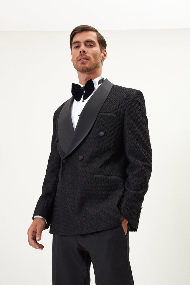 Raised Armor Texture Double Brested Tuxedo Jacket - Black