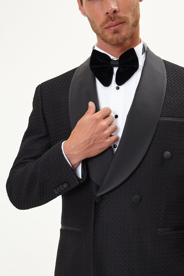 Raised Armor Texture Double Brested Tuxedo Jacket - Black