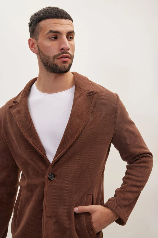 Men's Notch Lapel Corduroy Chore Coat - Brown | Ron Tomson