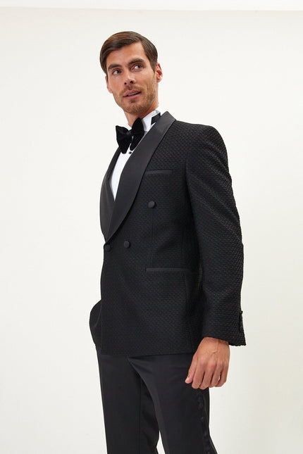 Men's Raised Armor Texture Double Brested Tuxedo Jacket - Black | Ron Tomson