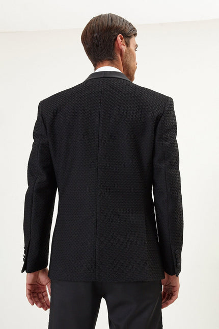 Men's Raised Armor Texture Double Brested Tuxedo Jacket - Black | Ron Tomson
