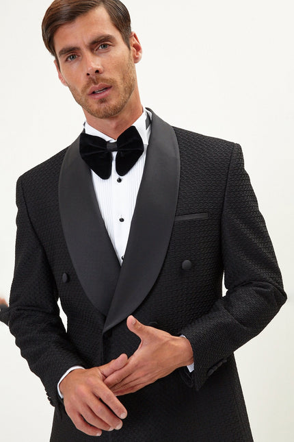 Men's Raised Armor Texture Double Brested Tuxedo Jacket - Black | Ron Tomson