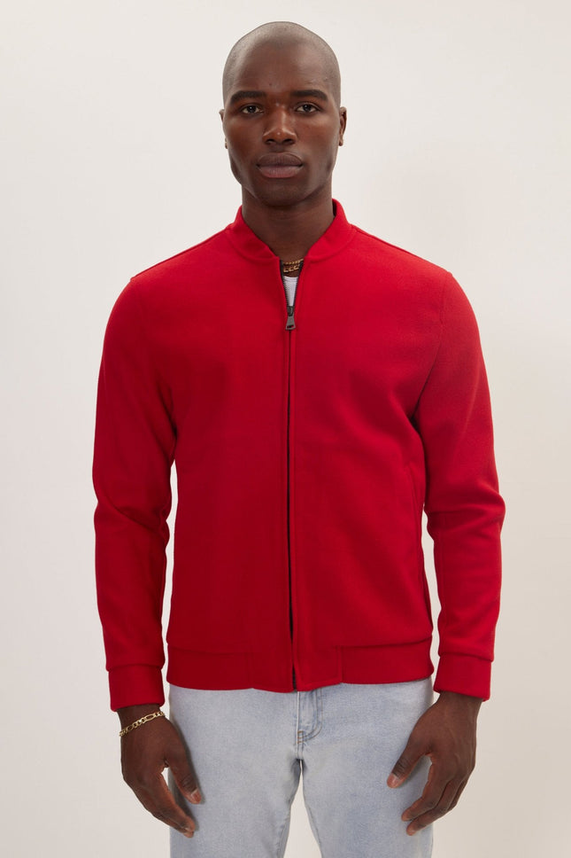 Men's Relaxed Unlined Varsity Zipper Jacket- Red | Ron Tomson