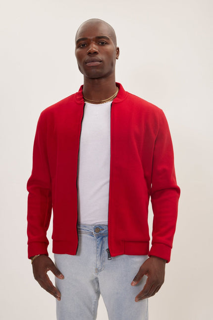 Men's Relaxed Unlined Varsity Zipper Jacket- Red | Ron Tomson