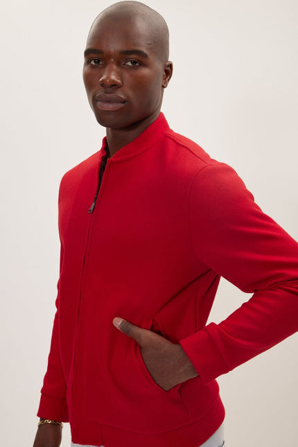 Men's Relaxed Unlined Varsity Zipper Jacket- Red | Ron Tomson
