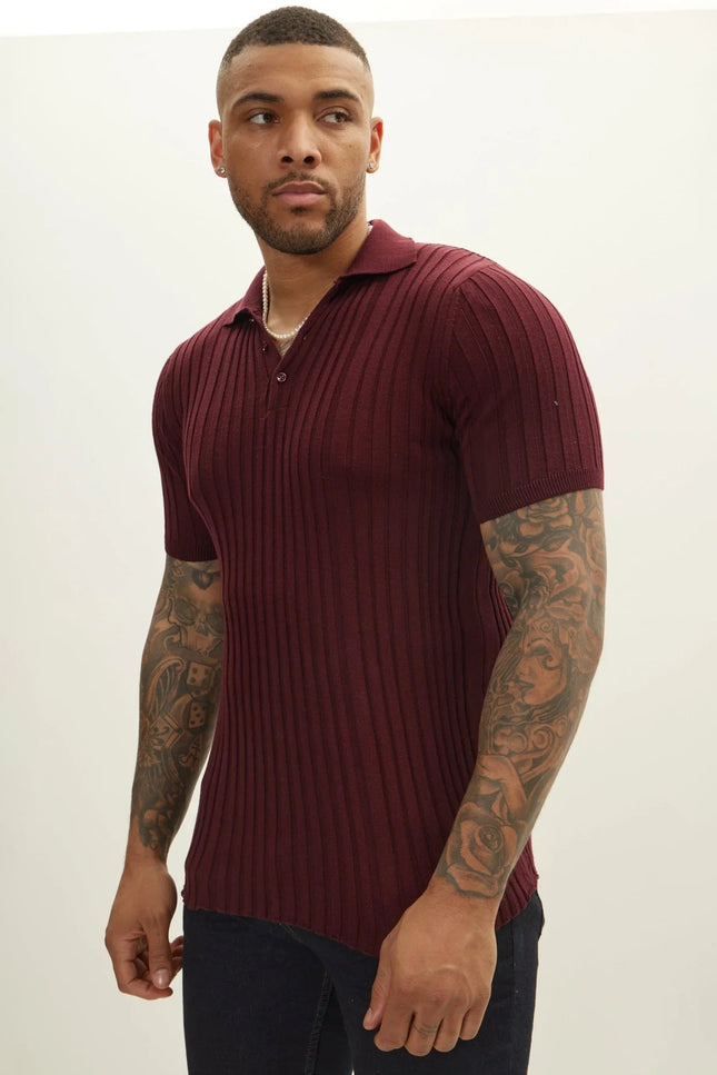 Ribbed Short-Sleeve Polo Shirt - Burgundy