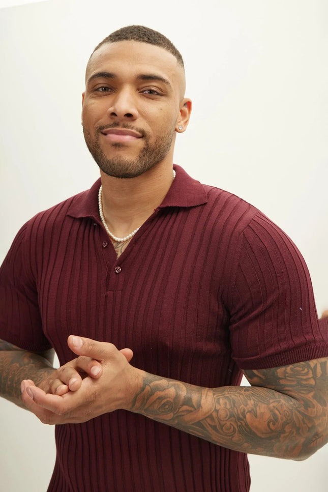 Ribbed Short-Sleeve Polo Shirt - Burgundy
