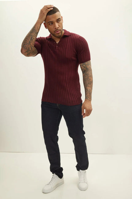 Men's Ribbed Polo Shirt - Burgundy | Ron Tomson