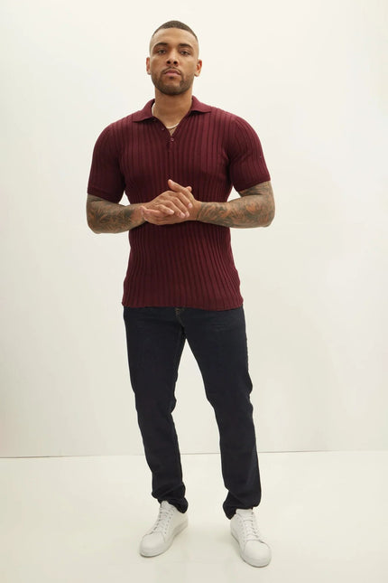 Men's Ribbed Polo Shirt - Burgundy | Ron Tomson