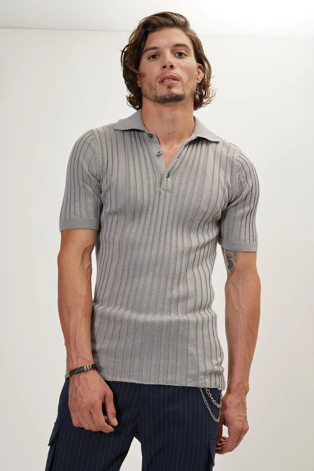 Ribbed Short-Sleeve Polo Shirt - Grey