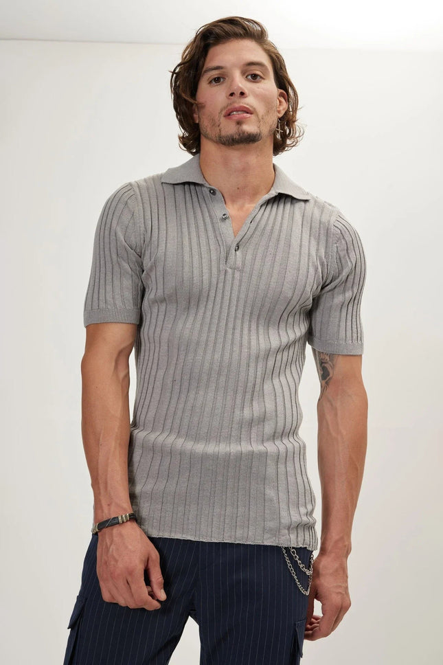 Men's Ribbed Polo Shirt - Grey | Ron Tomson