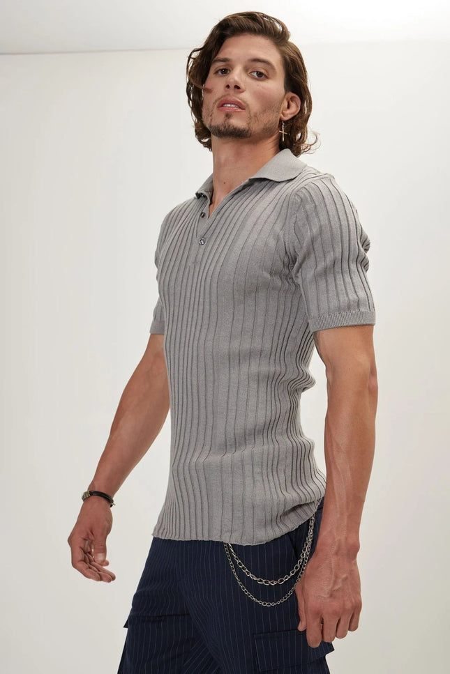 Ribbed Short-Sleeve Polo Shirt - Grey