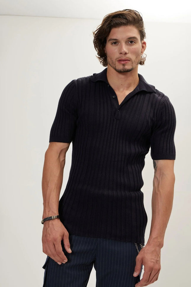 Ribbed Short-Sleeve Polo Shirt - Navy