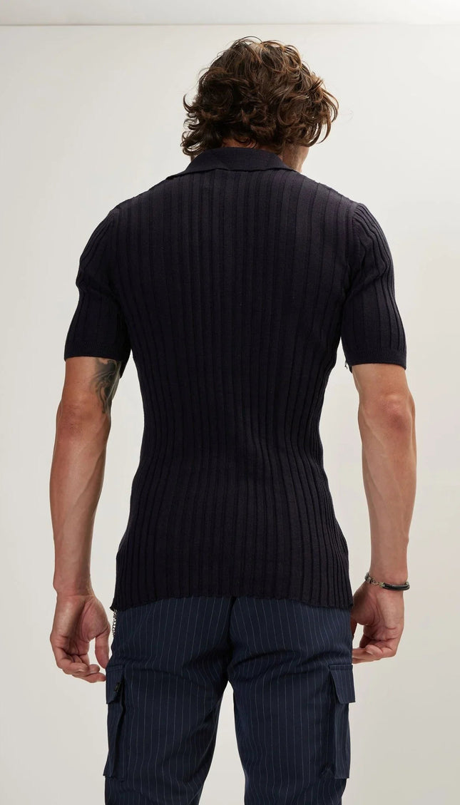 Ribbed Short-Sleeve Polo Shirt - Navy