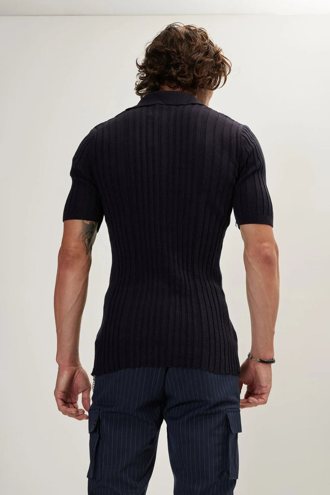 Ribbed Short-Sleeve Polo Shirt - Navy