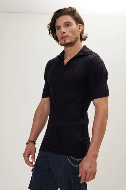 Men's Ribbed Polo Shirt - Navy | Ron Tomson