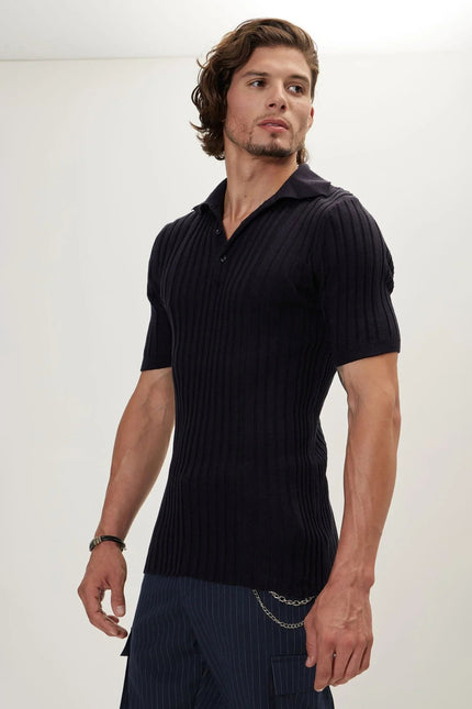 Men's Ribbed Polo Shirt - Navy | Ron Tomson