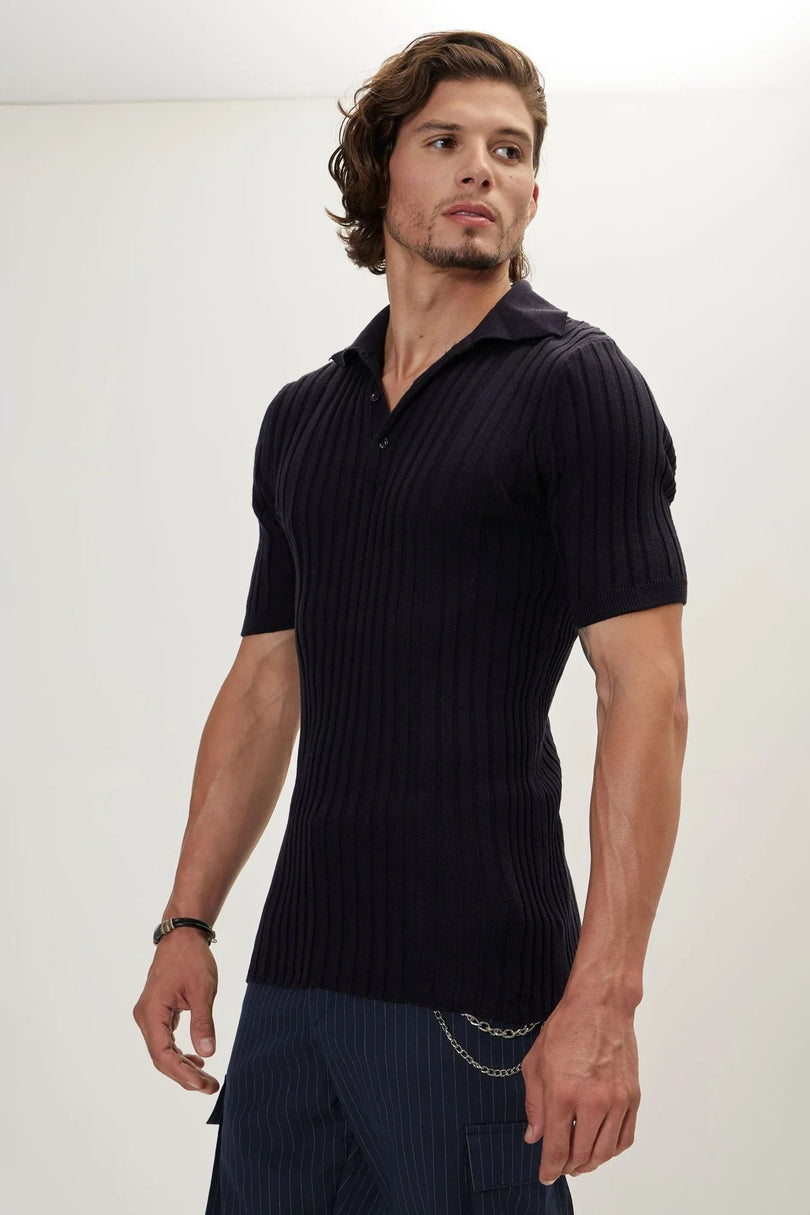 Men's Ribbed Polo Shirt - Navy | Ron Tomson
