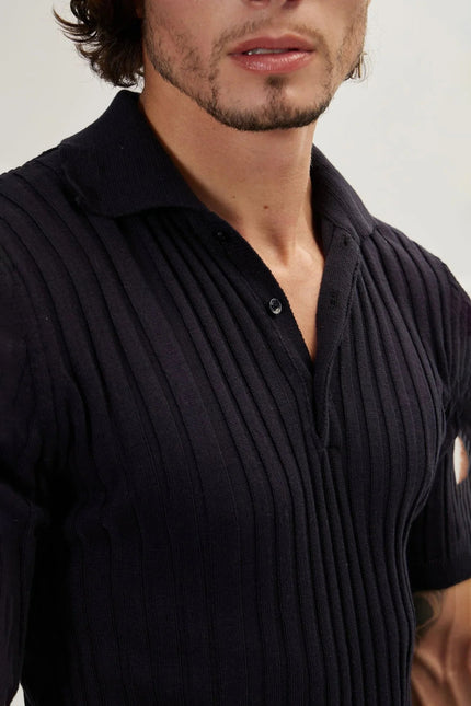 Men's Ribbed Polo Shirt - Navy | Ron Tomson