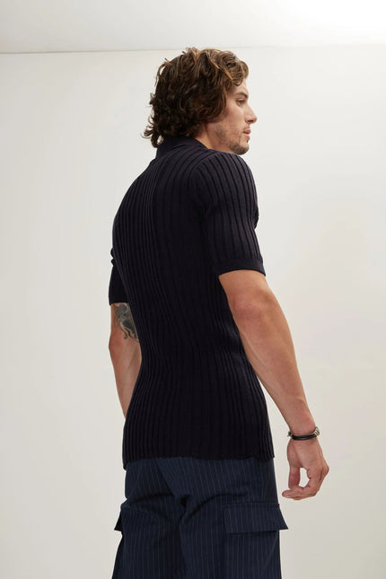 Men's Ribbed Polo Shirt - Navy | Ron Tomson