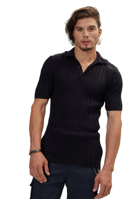Men's Ribbed Polo Shirt - Navy | Ron Tomson