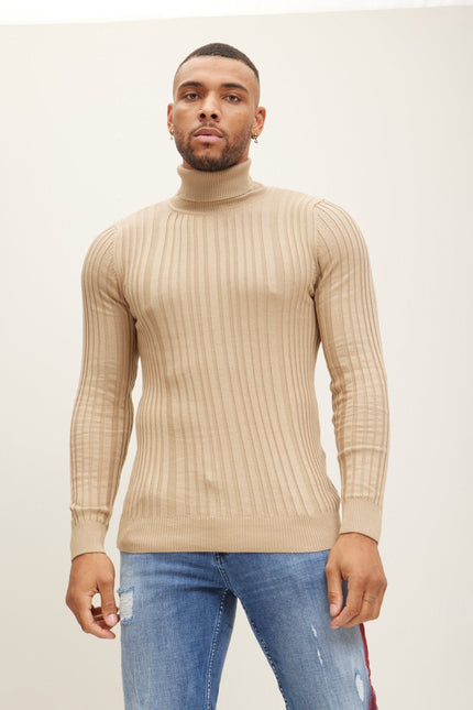 Men's Ribbed Roll Neck Sweater - Beige | Ron Tomson