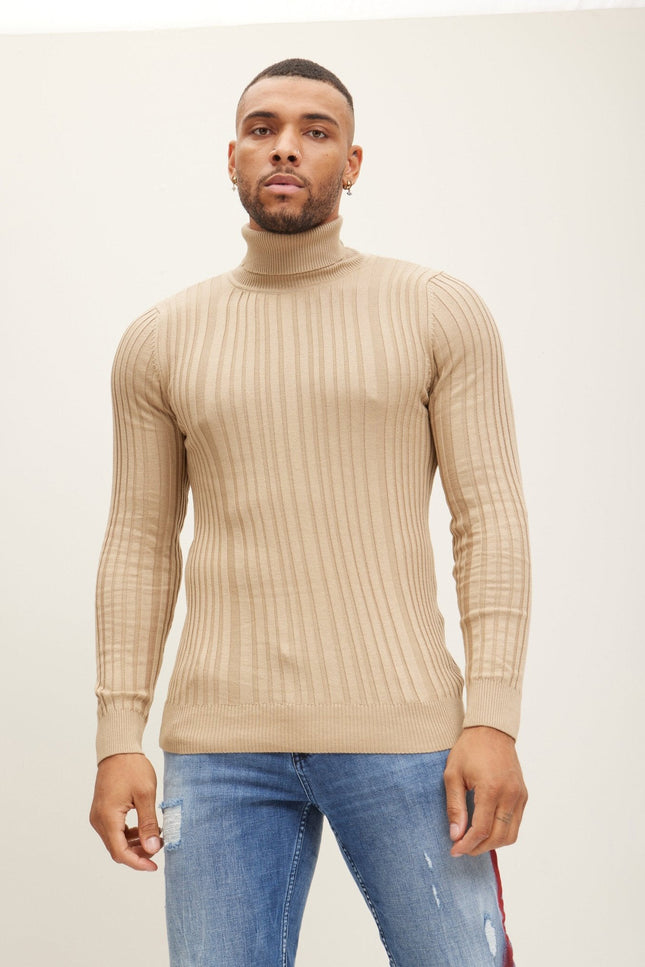 Cotton Ribbed Turtleneck Sweater - Beige