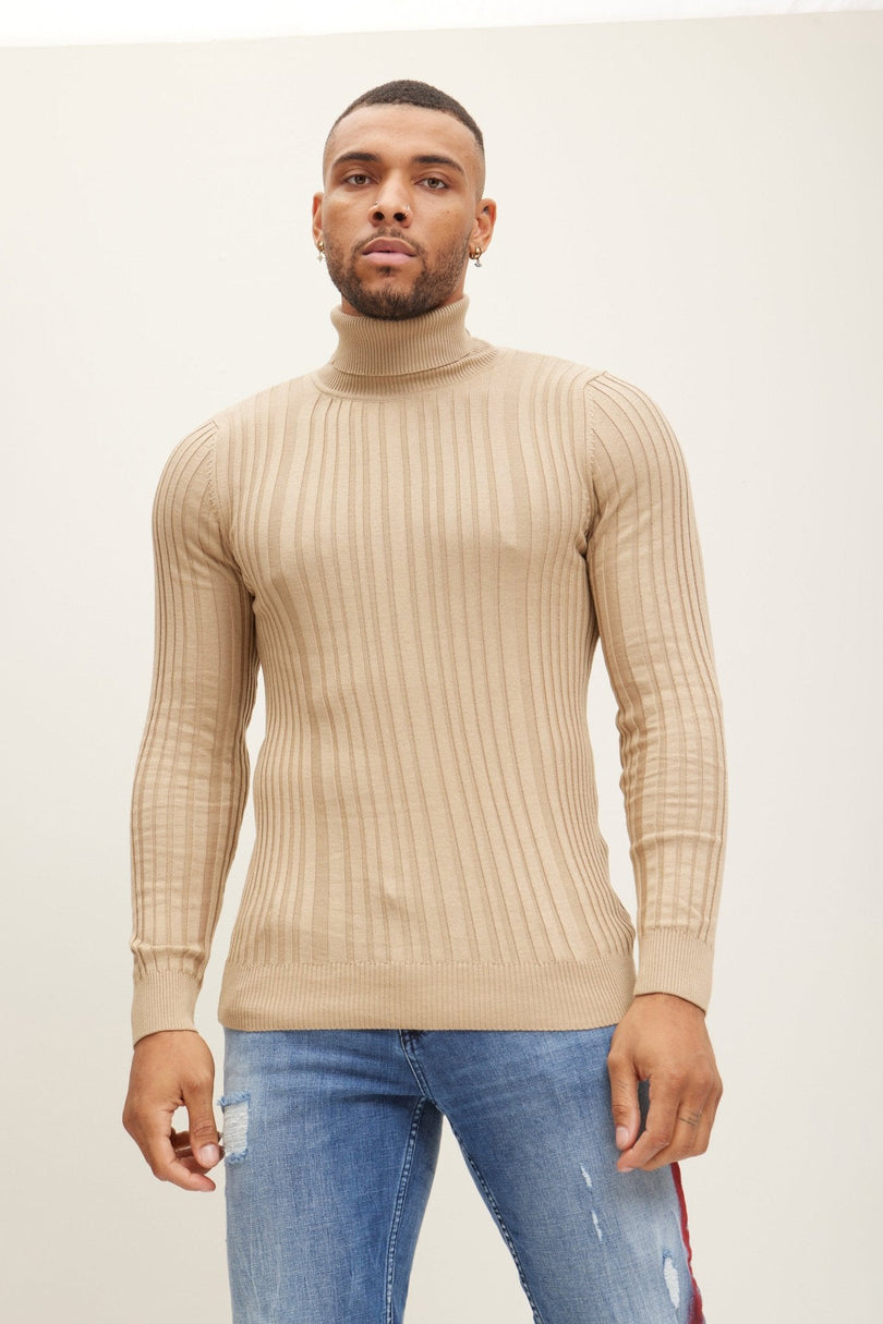 Men's Ribbed Roll Neck Sweater - Beige | Ron Tomson