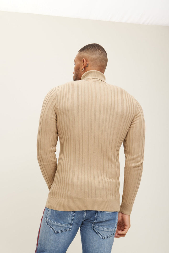 Cotton Ribbed Turtleneck Sweater - Beige
