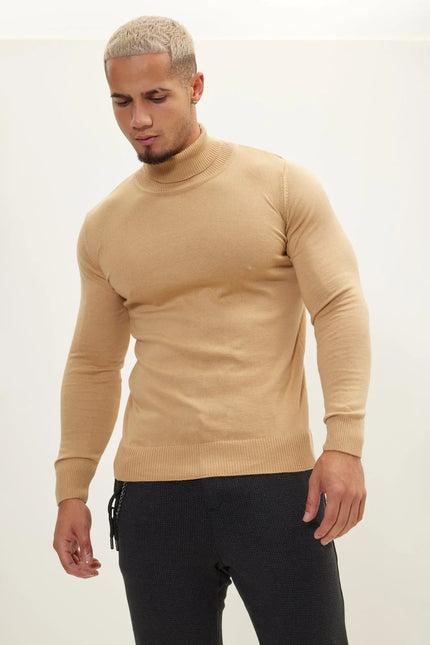 Men's Roll Neck Knit Sweater - Camel | Ron Tomson