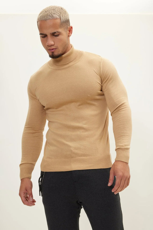 Men's Roll Neck Knit Sweater - Camel | Ron Tomson