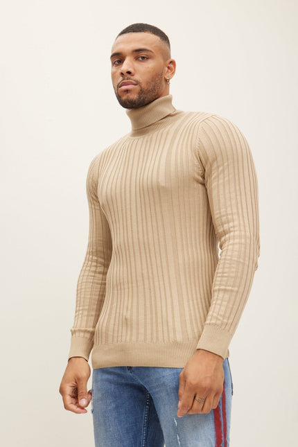 Men's Ribbed Roll Neck Sweater - Beige | Ron Tomson