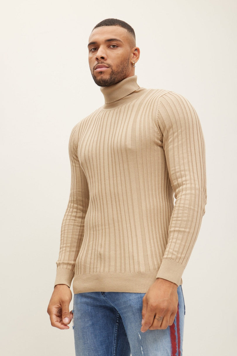 Men's Ribbed Roll Neck Sweater - Beige | Ron Tomson