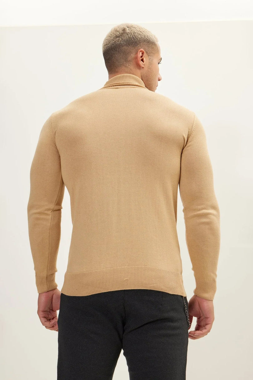 Men's Roll Neck Knit Sweater - Camel | Ron Tomson