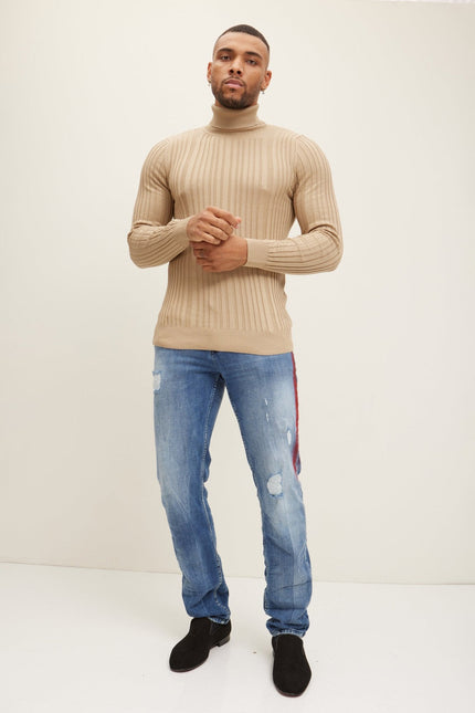 Men's Ribbed Roll Neck Sweater - Beige | Ron Tomson