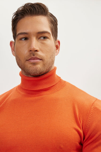 Men's Roll Neck Knit Sweater - Orange | Ron Tomson